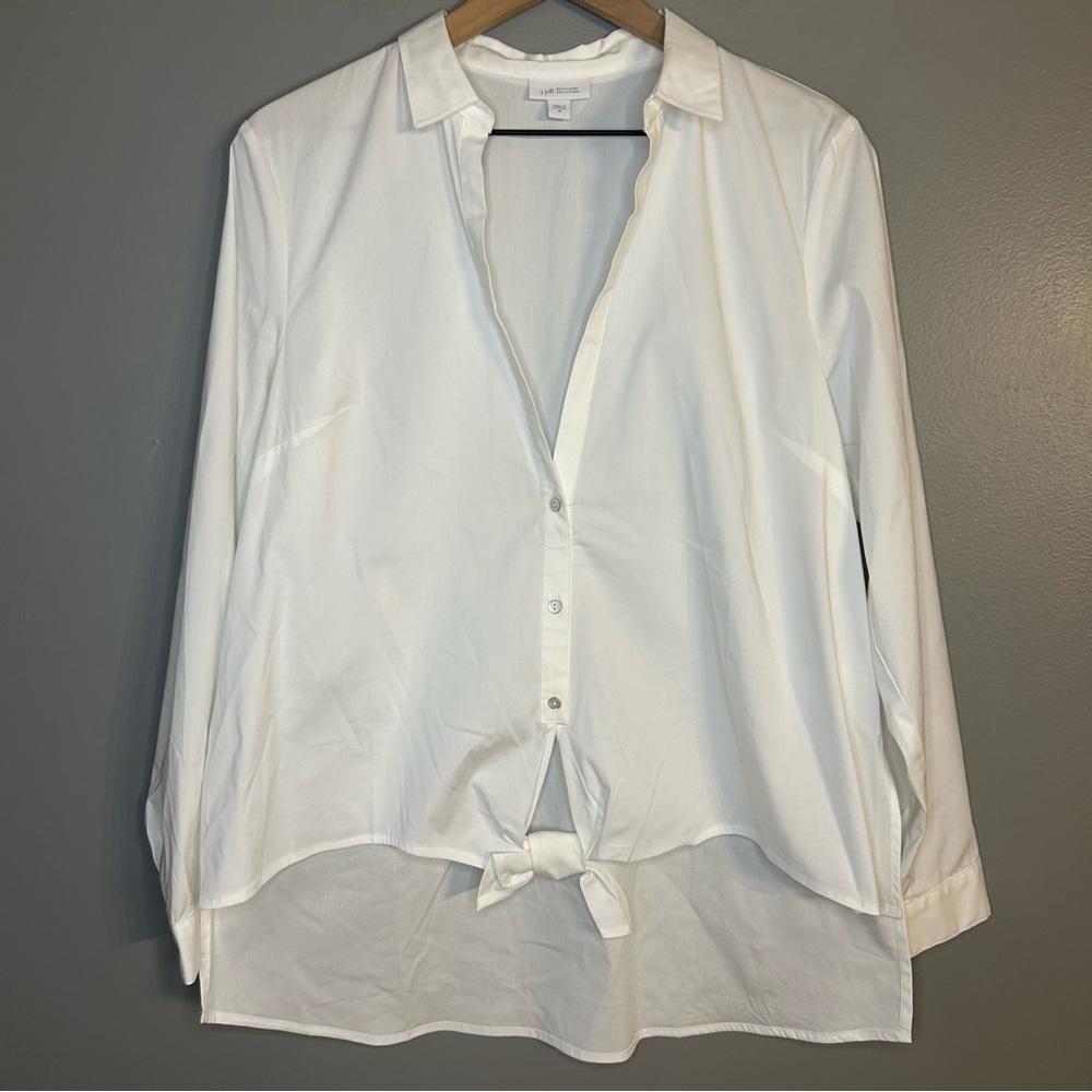 J.Jill White Shirt Collection Button Down Collar Tie Front Hi Low Shirt, Size M
